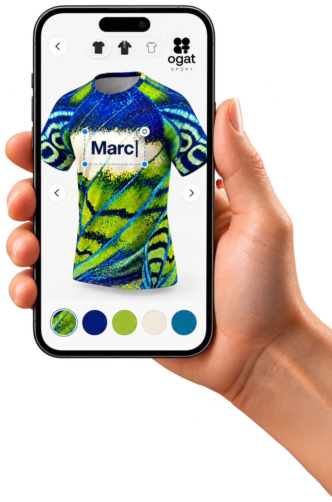 The OGAT SPORT configurator on a smartphone: the jersey with the name to customize