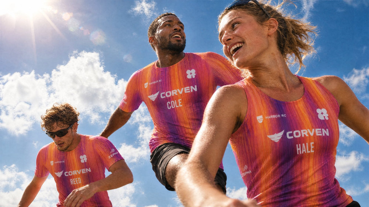 Three athletes running in orange-and-purple gradient singlets, each with a different name