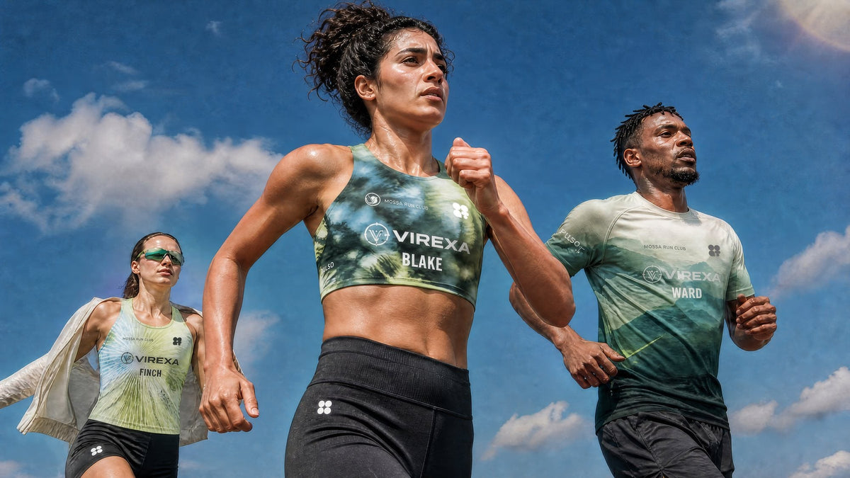 Three runners in motion wearing green gradient outfits