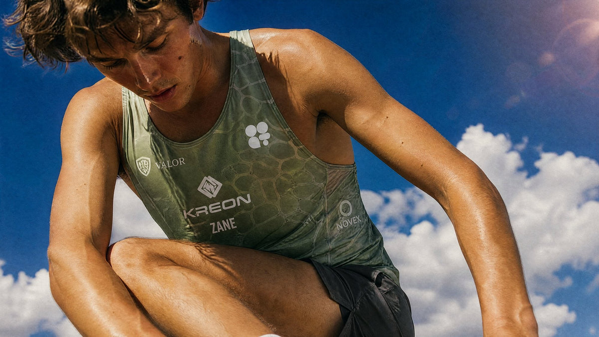 Athlete tying a shoe in a green singlet