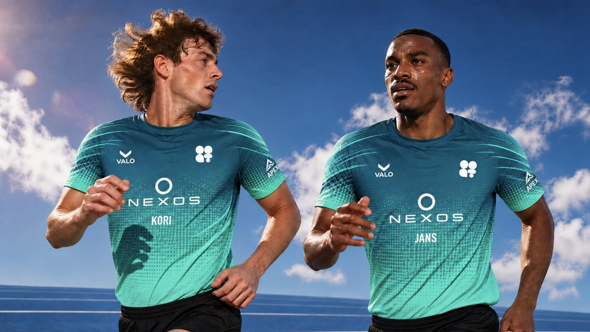 Two runners in teal gradient jerseys with personalized names