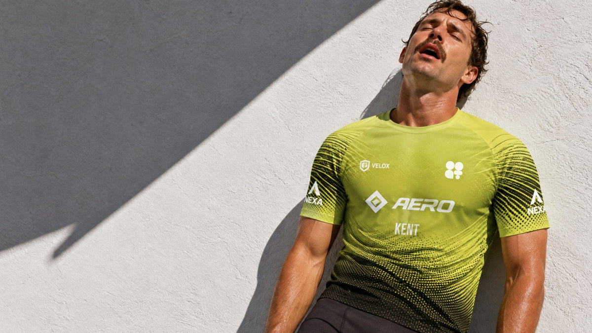 Athlete in a lime-green gradient jersey leaning on a wall