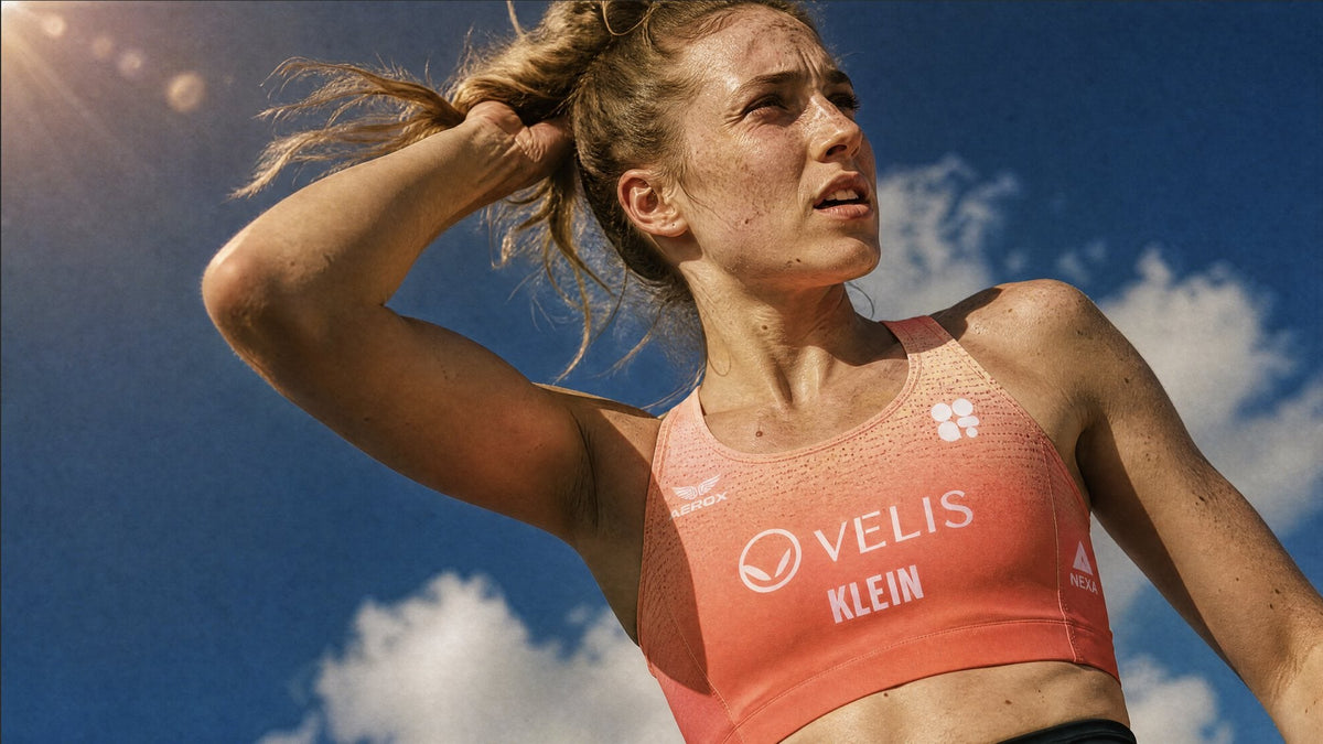 Athlete in a coral sports bra adjusting her hair