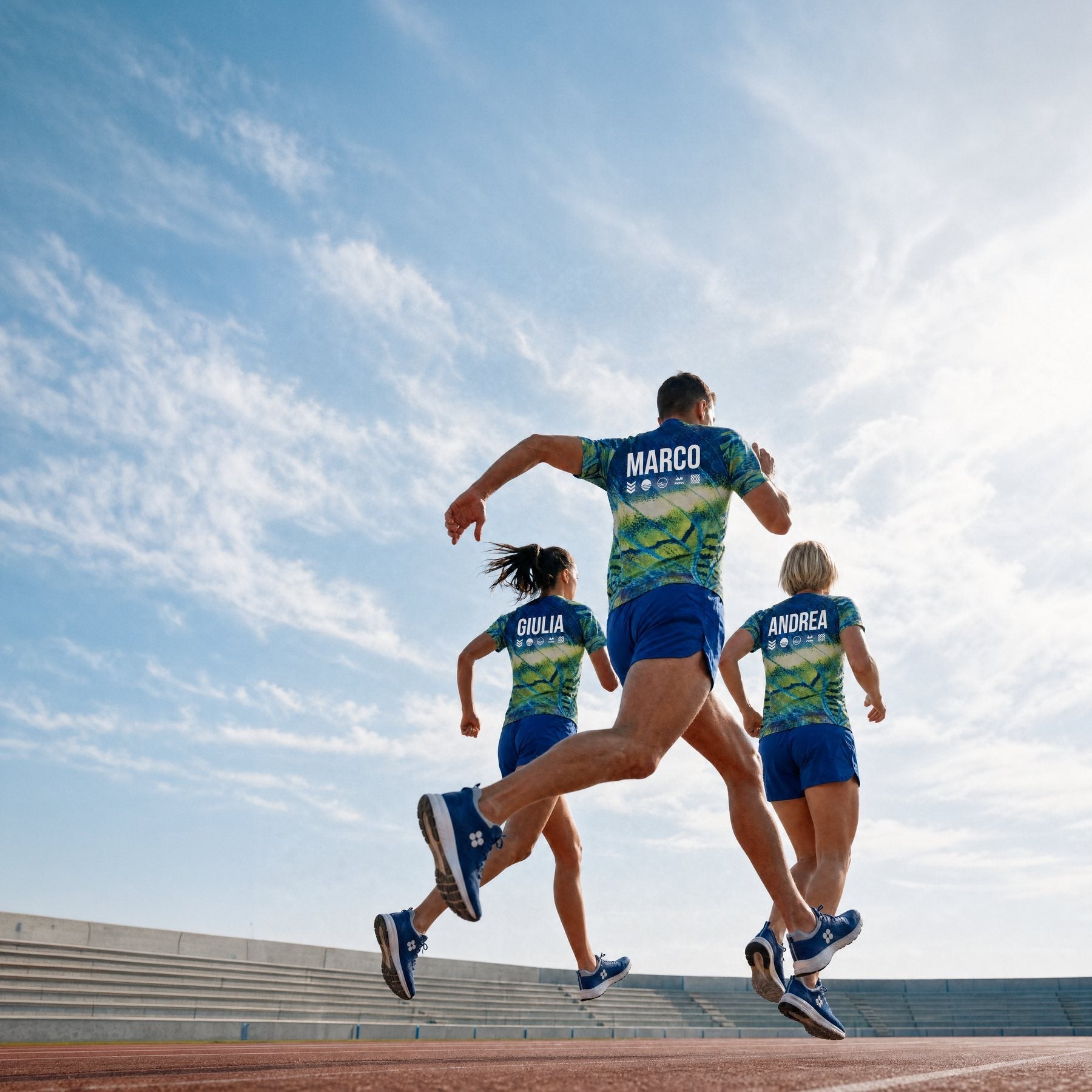 Three runners from behind wearing jerseys with the same graphics and a different name: Marco, Giulia, Andrea