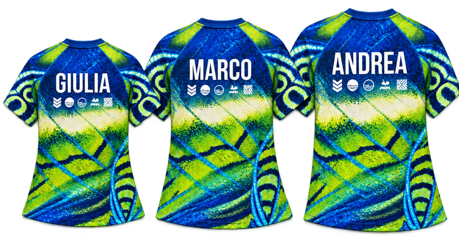 Three team jerseys with the same graphics and different names: Giulia, Marco, Andrea